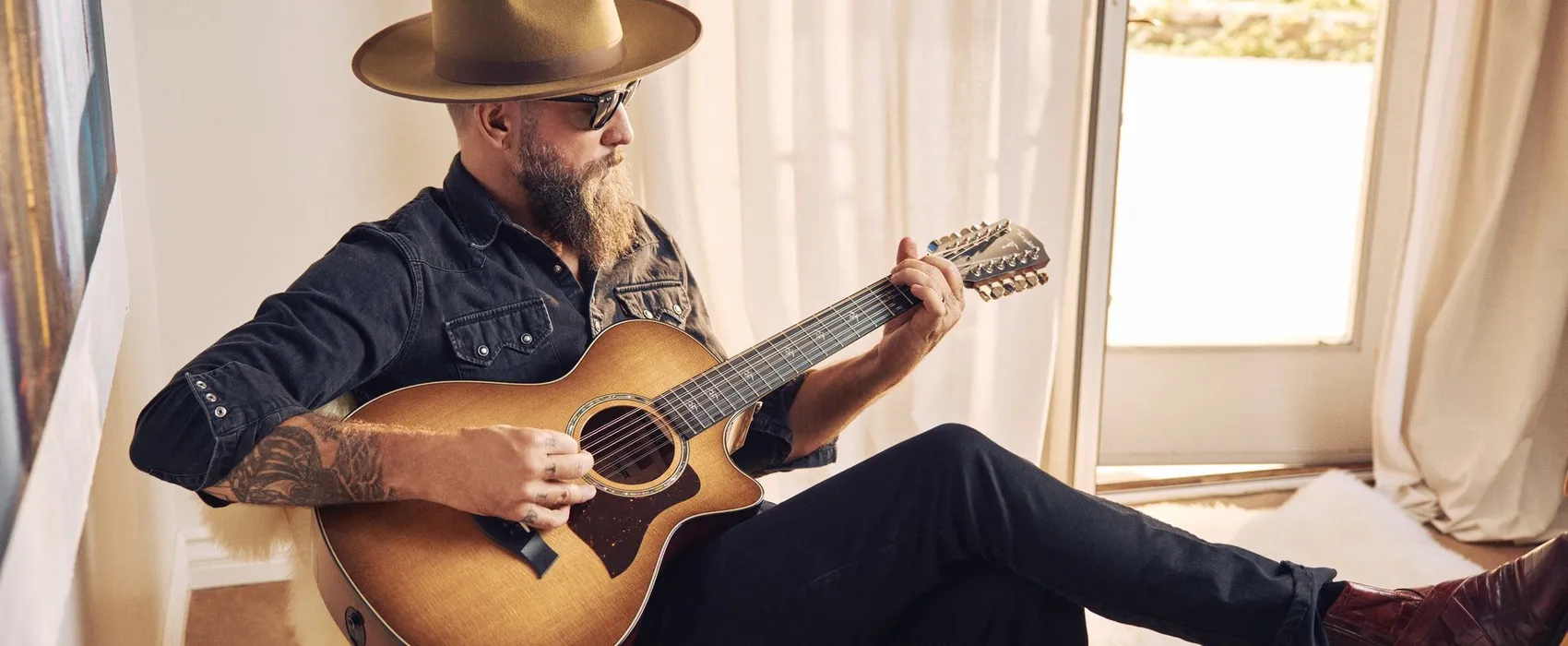 Image of a man playing a Taylor 12-string acoustic guitar